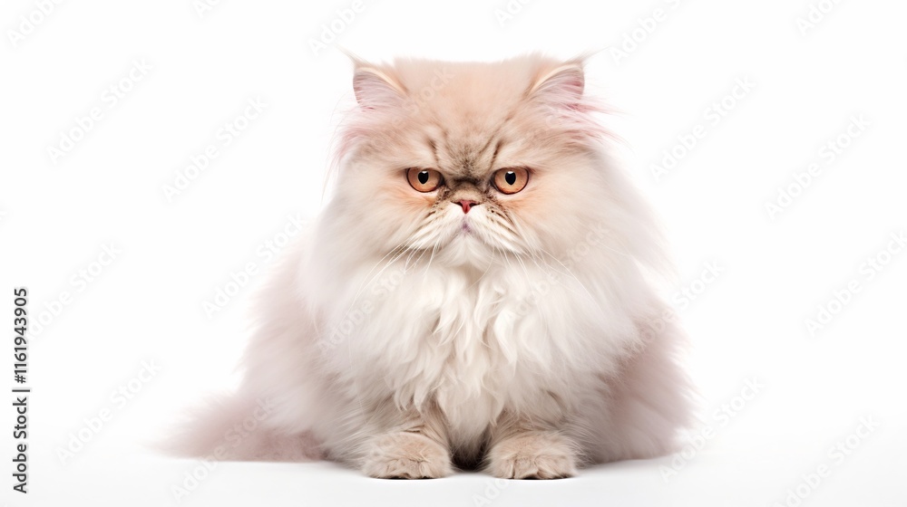 Elegant and fluffy Persian cat sitting calmly and gracefully on a plain white background creating a minimalist and serene portrait of the pedigreed feline Elegant and fluffy Persian cat sitting calmly and gracefully on a plain white background creating a minimalist and serene portrait of the pedigreed feline