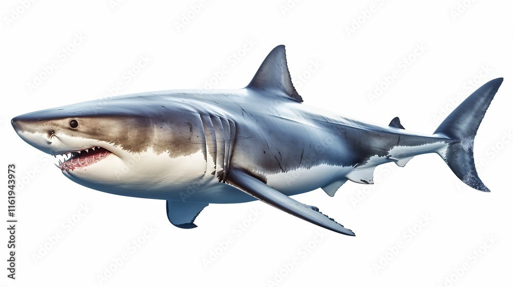 Fototapeta premium A majestic great white shark gracefully gliding through the water against a clean minimalist white background showcasing the power and elegance of this iconic ocean predator in a manner