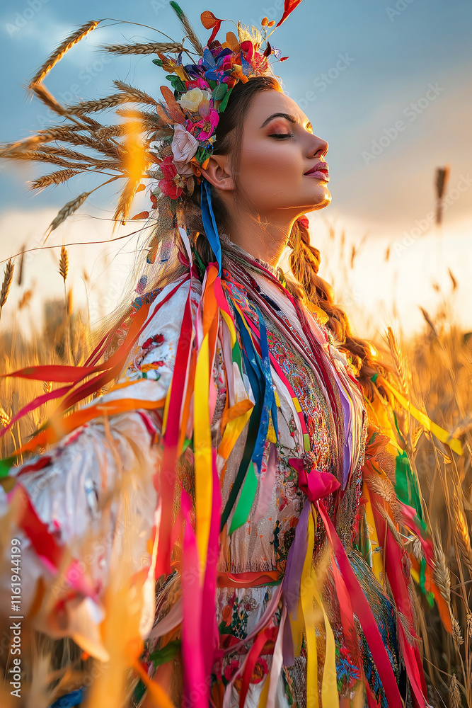 Joyful woman dancing in golden wheat field at sunset, celebrating life Joyful woman dancing in golden wheat field at sunset, celebrating life