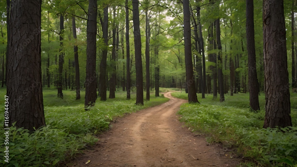 Fototapeta premium Serene Forest Path with Lush Greenery and Sunlit Woodland V1