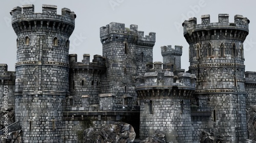 Majestic stone castle towers, medieval fortress detail.