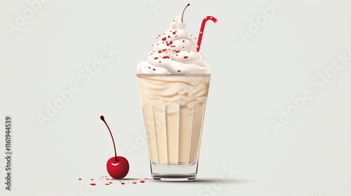 Delectable creamy milkshake topped with fluffy whipped cream and a sweet maraschino cherry served on a clean minimalist white background for a modern appetizing visual photo