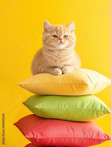 cute cat sitting on top of a colorful stack of pillows against a yellow wall photo