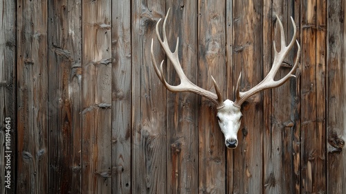 Deer antler mounted on a rustic brown wooden wall, adding a touch of natural elegance and vintage charm to the rustic interior. photo