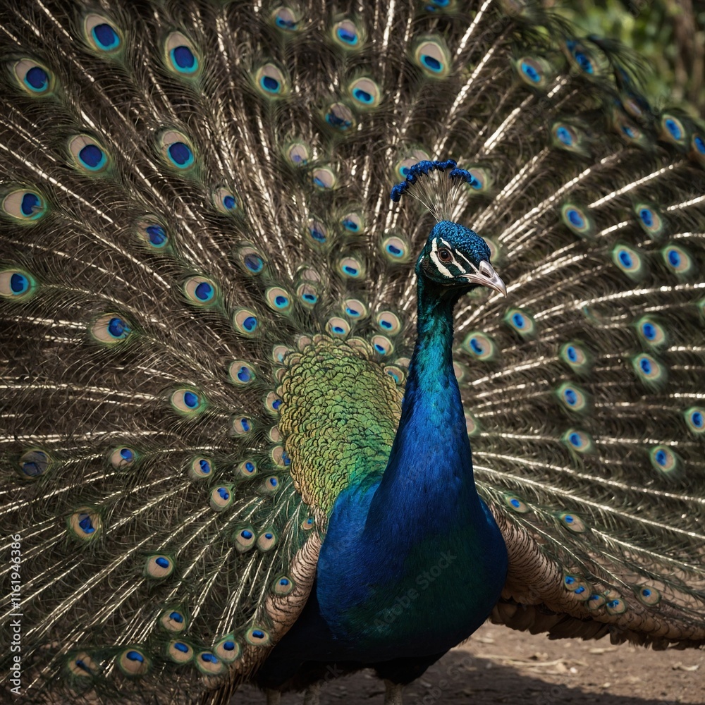Naklejka premium A peacock with its feathers fully spread.