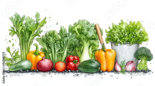 Watercolor illustration of fresh vegetables in garden