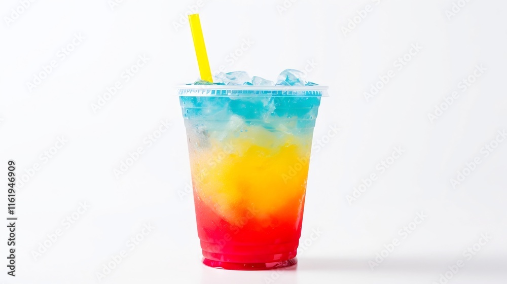 Vibrant and Refreshing Slushie Drink Served in a Transparent Plastic Cup with a Straw on a Plain White Background  Perfect for Summer Enjoyment or Poolside Refreshment