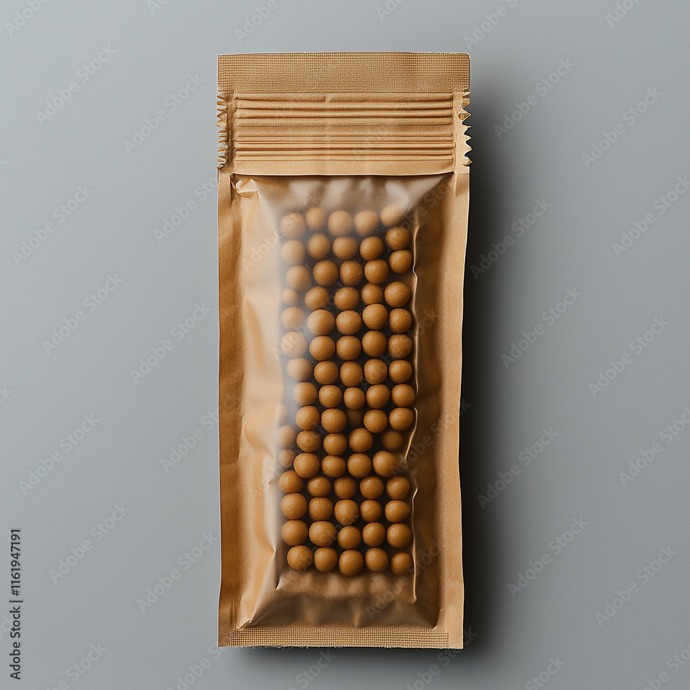 Brown seed packet with round seeds inside Brown seed packet with round seeds inside