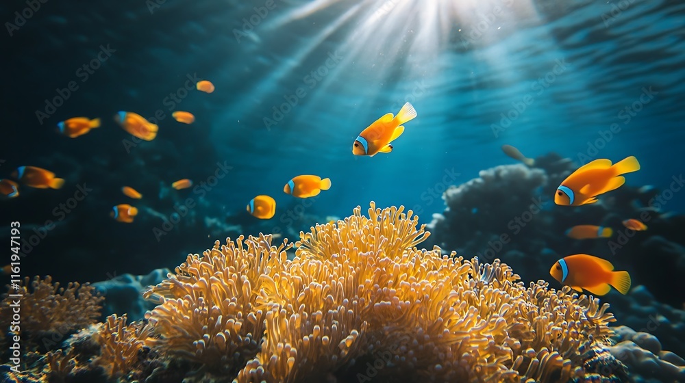 Fototapeta premium Orange Clownfish Swim Near Golden Coral Reef