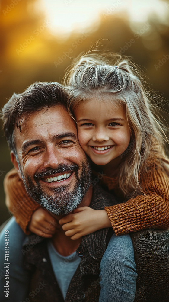 Fototapeta premium Happy Father and Daughter Outdoors at Sunset