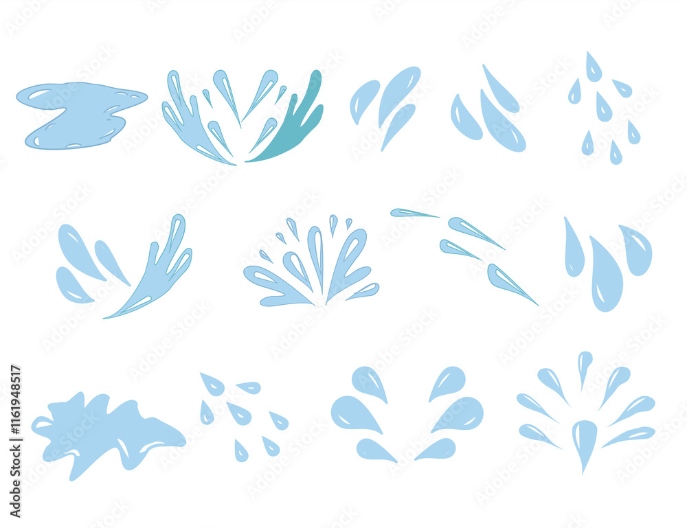 Hand drawn waterdrop illustration. Set of versatile water splash vector illustrations. Collection of light blue water droplet and splash vector graphics. Hand drawn waterdrop illustration. Set of versatile water splash vector illustrations. Collection of light blue water droplet and splash vector graphics.