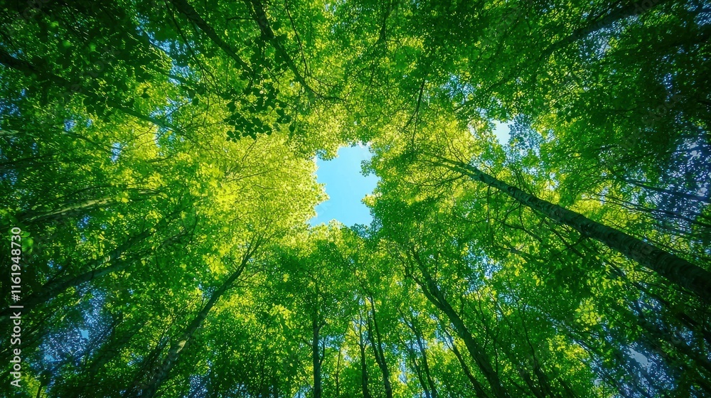 A forest scene from the ground, looking straight up at a canopy of green leaves and blue sky. A forest scene from the ground, looking straight up at a canopy of green leaves and blue sky.