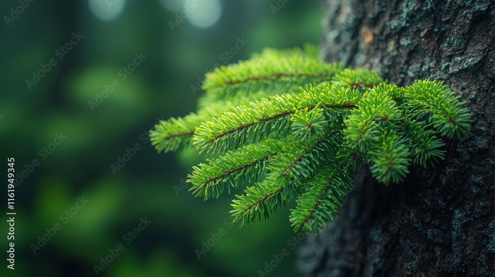 Lush green spruce branch on tree trunk in forest. Lush green spruce branch on tree trunk in forest.