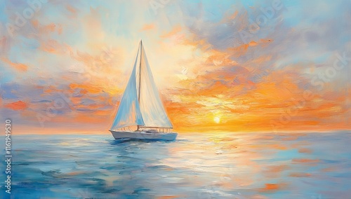 Sunset seascape painting of a sailboat on calm ocean waters.