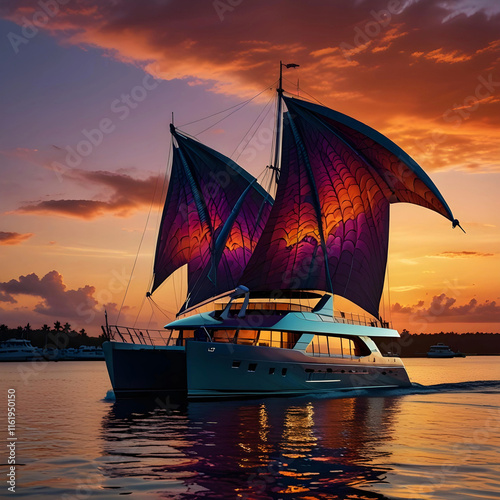 A majestic reallife and terrifying dragon flying through the sky toward a close up luxury yacht, set in a fantastical style. The scene takes place during a dramatic sunset photo