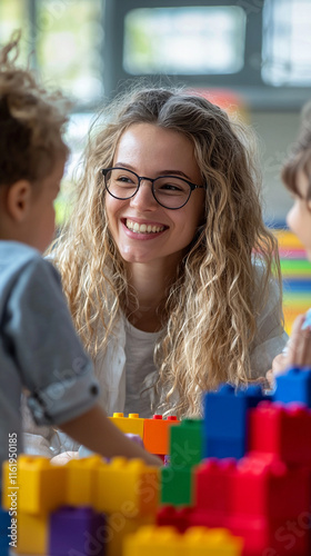 Happy Teacher Playing with Kids  Colorful Blocks  Preschool