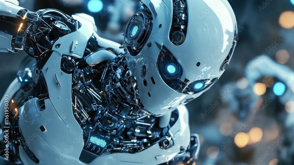 Fototapeta premium A futuristic robot with blue glowing eyes and intricate metallic details stands amidst a blurred background of similar robots.
