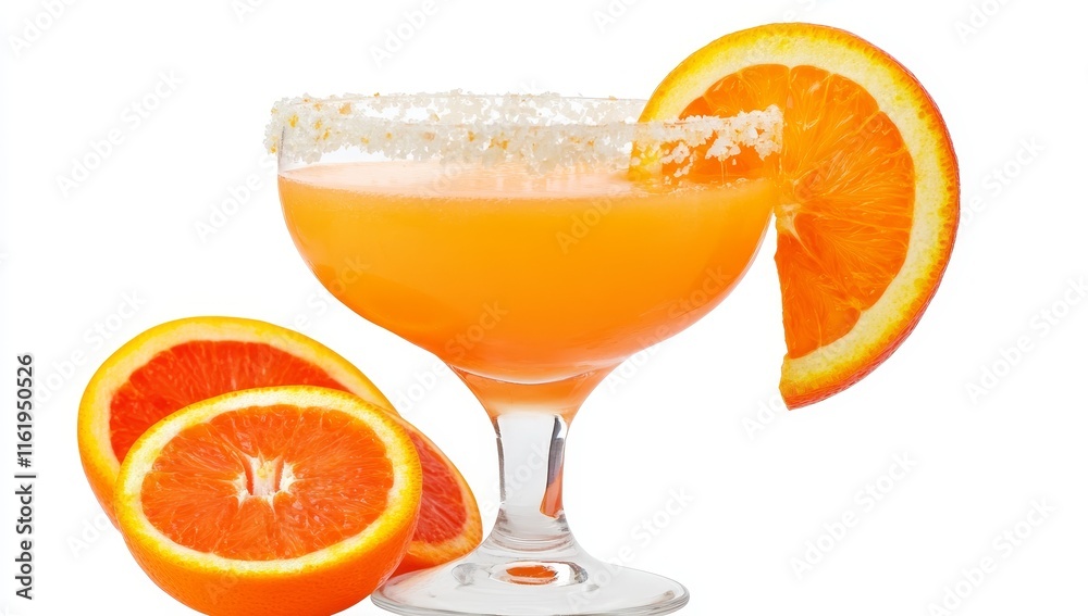 Refreshing orange cocktail in a coupe glass, garnished with orange slice and sugar rim. Refreshing orange cocktail in a coupe glass, garnished with orange slice and sugar rim.