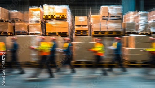 Blurred motion of warehouse workers moving pallets of boxes. (1)