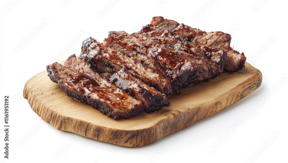 Delicious BBQ sliced beef short ribs on rustic wooden board. Delicious BBQ sliced beef short ribs on rustic wooden board.