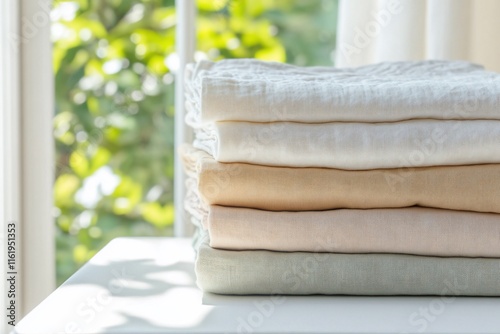 A stack of neatly folded, soft, pastel-colored fabrics by a window.