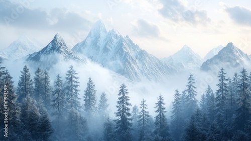 Majestic snow capped mountains rise above a misty winter forest