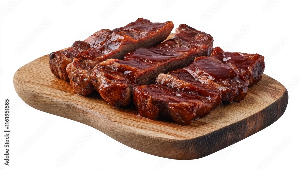 Four barbecue ribs glazed with sauce on a wooden board, isolated on white. Four barbecue ribs glazed with sauce on a wooden board, isolated on white.