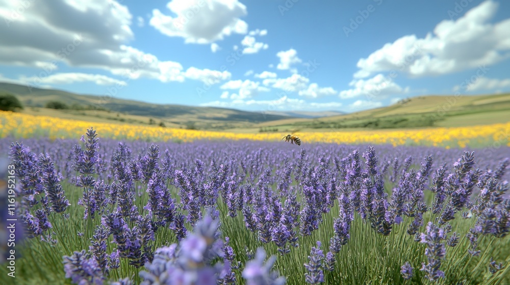 Lavender field with bee, sunny day, hills. Lavender field with bee, sunny day, hills.