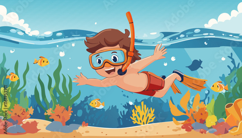 Cute boy diving in the sea illustration. Cartoon style. Vector