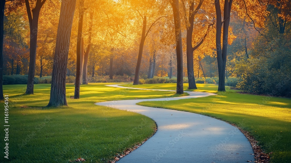 Fototapeta premium Pathway through a lush green park with trees
