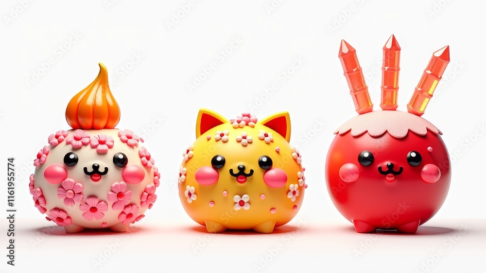 Obraz premium kawaii dessert characters spring festival, cute food design pastel mascot isolated on white graphic use seasonal illustration adorable fantasy theme Chinese New Year creative gift ideas.
