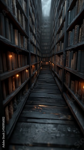 A dimly lit, narrow library corridor lined with towering bookshelves, creating a mysterious and enchanting atmosphere.