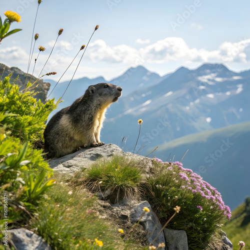 wild marmot in its natural environment of mountain