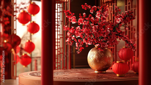 Red Blossoms in Gold Vase Chinese New Year Decor photo