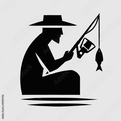 very simple, flat, and minimalist fisherman silhouette with black color on a white background