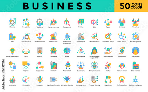 Business icon set with efficiency, productivity, workforce, human resources, recruitment, training, skills, talent, employee, workplace icon. Simple flat color vector 
