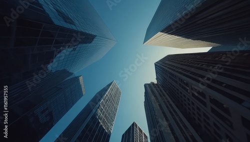 Low angle view of skyscrapers against a clear blue sky. photo