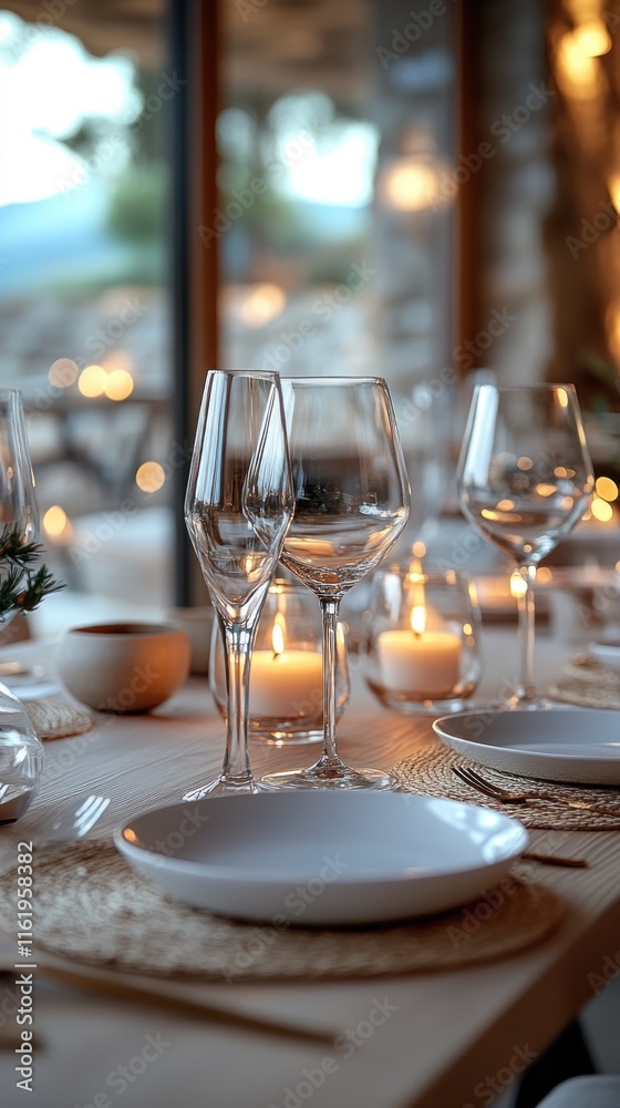 Elegant dinner table setting with candles and wine glasses. Elegant dinner table setting with candles and wine glasses.