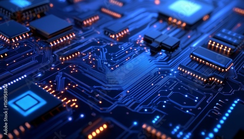 Close-up of a circuit board with glowing components and intricate pathways.