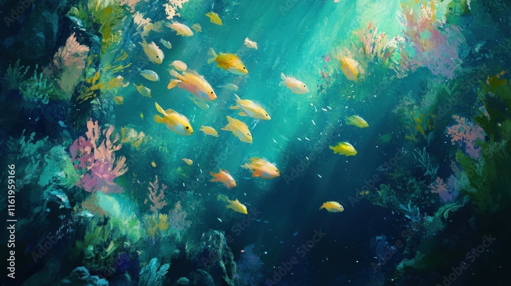 Obraz premium Yellow Fish Swim Among Vibrant Coral Reefs