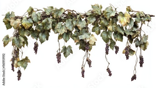 Artificial grapevine with green and brown leaves and dark purple grapes, isolated on white background.