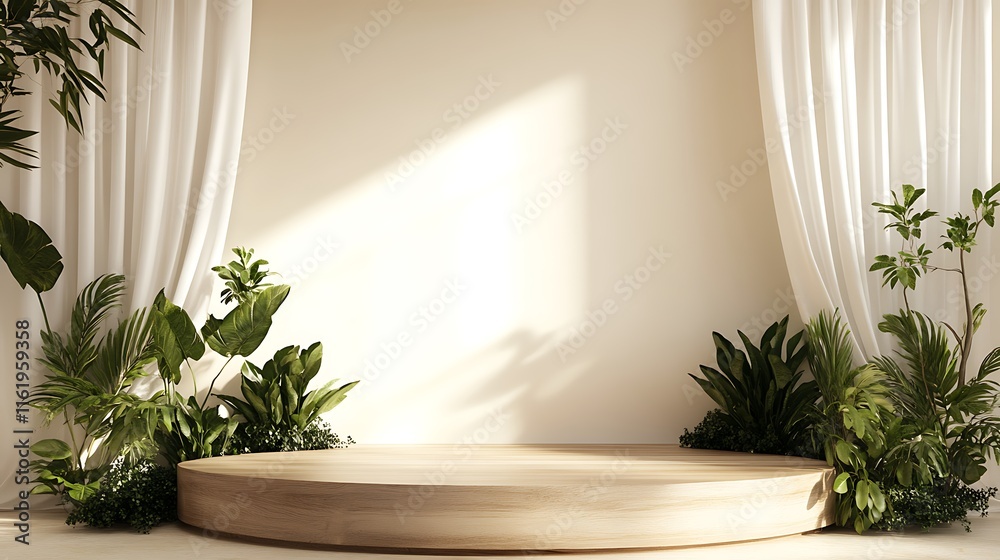 Fototapeta premium wooden podium minimalist interior design mockup for product presentation