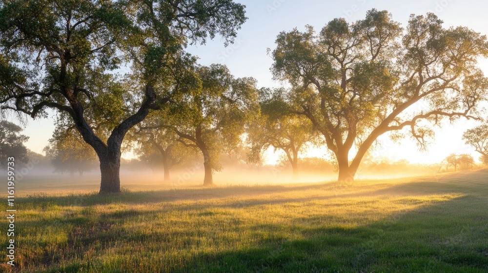 Golden Sunrise Illuminates Misty Field With Majestic Oaks Golden Sunrise Illuminates Misty Field With Majestic Oaks