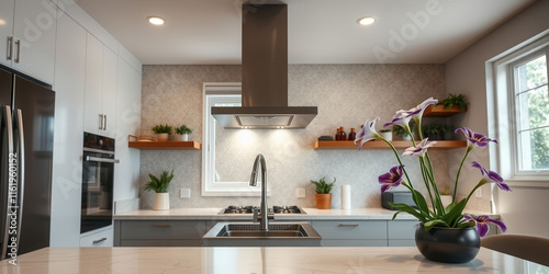 A kitchen with a sink, stove, and oven. A vase of purple flowers sits on the counter