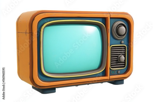 Vintage orange and blue retro television isolated on white background.