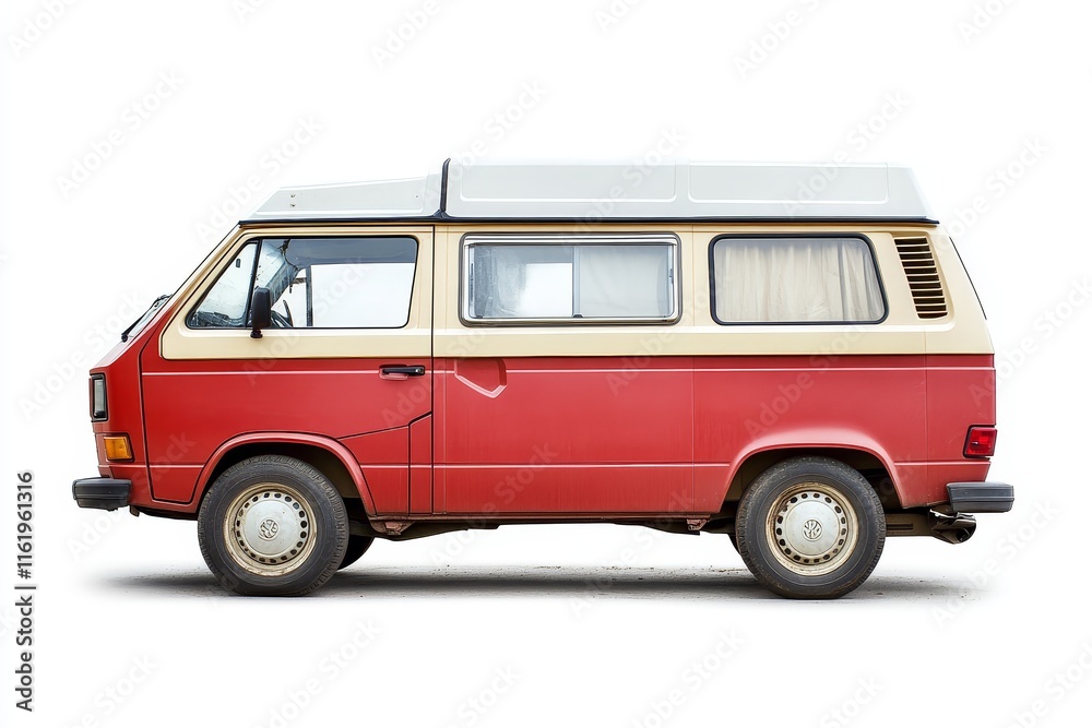 Classic red and beige camper van, side view, isolated on white background. Classic red and beige camper van, side view, isolated on white background.