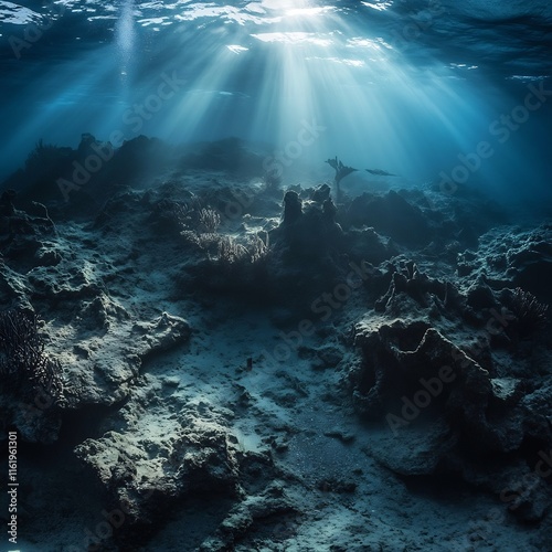 Enchanting Underwater Seascape with Sunlight Beams Piercing Through Coral Reef photo