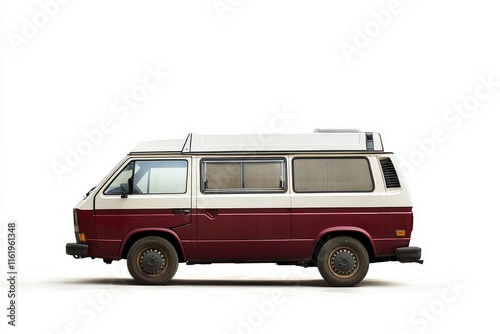Classic two-tone camper van, side profile, isolated on white background.