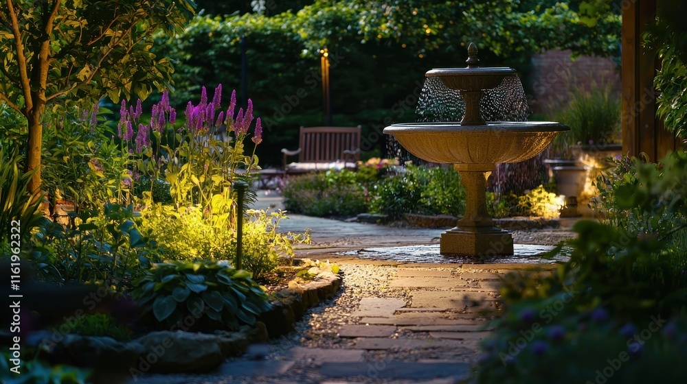 A garden with subtle lighting highlighting key features such as a stone pathway, water fountain, and seating area, creating a tranquil ambiance at night. A garden with subtle lighting highlighting key features such as a stone pathway, water fountain, and seating area, creating a tranquil ambiance at night.