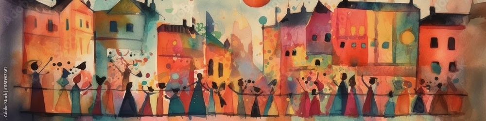 Fototapeta premium A vibrant watercolor scene with a joyful crowd celebrating against a backdrop of colorful buildings.